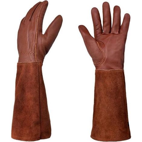 Guanti da giardino protettivi per potatura di arbusti, taglia L, in pelle sintetica marrone, 42 cm. (1/2)