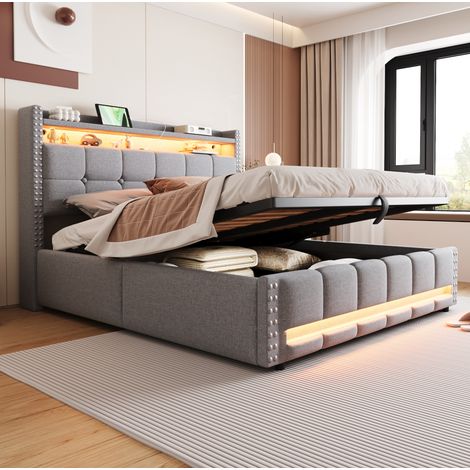 Letto contenitore matrimoniale 160x200 cm, con LED e USB, testiera a ripiani, grigio chiaro, senza materasso (1/5)