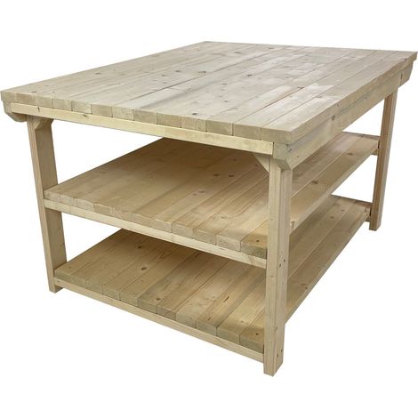 Rotem Wooden Kiln-Dry Workbench, 4ft(90cm) Depth, 4ft(120cm) length, Double shelf