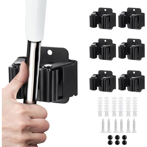 Lot de 6 porte-balais – Acier inoxydable – Système de suspension – Crochets – Jardin et atelier – Noir (1/5)