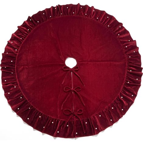 CCYKXA 48-Zoll-Weihnachtsbaumdecke aus burgunderrotem Samt mit Rüschen – Weicher burgunderroter Samt, Rüschenbesatz mit Perlen, einfache Schleifenbefestigung (1/5)