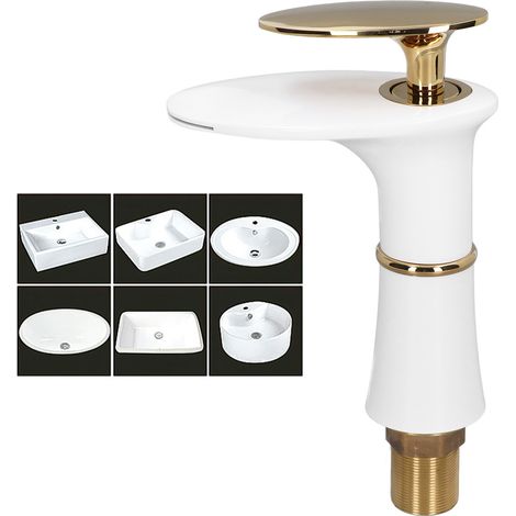 Robinet cascade G1/2 pour meuble-lavabo, vasque à poser, tout cuivre, monotrou, eau chaude et froide, platine - Modèle bas - Poignée dorée (1/5)