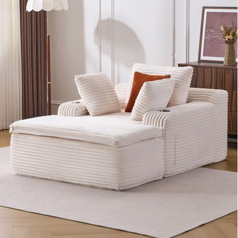 Divano da pavimento con chaise longue in velluto a coste beige 165x112x63 cm, 3 cuscini, OKWISH (1/5)