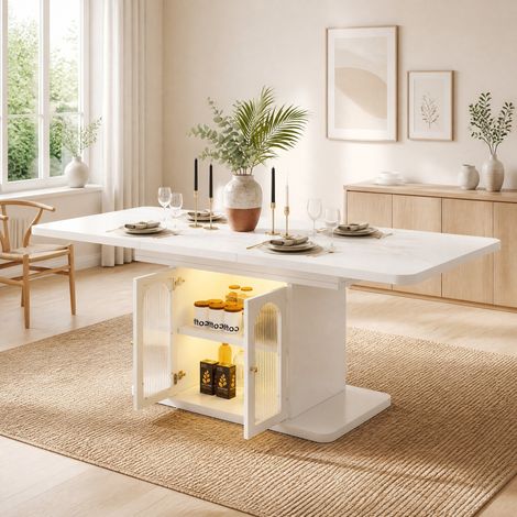 Tavolo da pranzo allungabile 150/200 x 80 cm in MDF bianco effetto marmo con contenitore e LED (1/5)