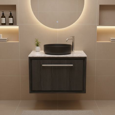 Hudson Reed Lille Wall Hung 1-Drawer Vanity Unit with White Marble Worktop 600mm Wide - Graphite Grey Woodgrain (1/4)