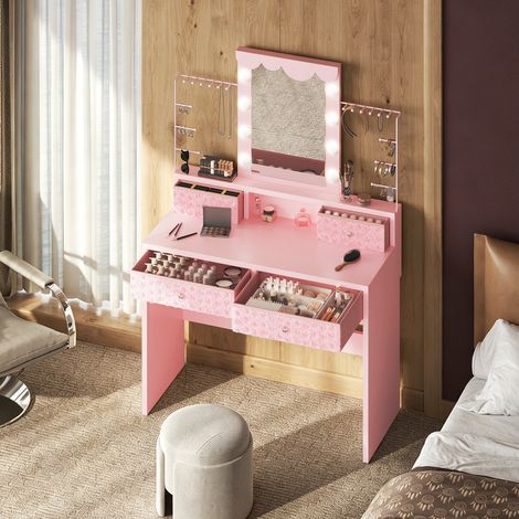 Coiffeuse rose rêveur avec Miroir – 3 Modes D’Éclairage – 8 Ampoules – Table de Maquillage avec étagère à bijoux amovible- 4 Tiroirs façade de tiroir en velours rose (1/5)