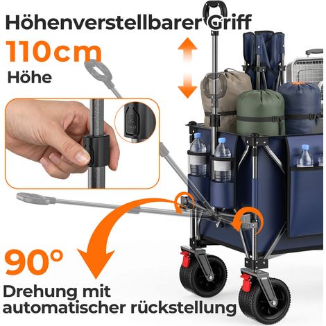 Chariot pliable 200L+100L avec hayon, 140cm remorque pliante à roues larges 17x10 cm tout-terrain, idéal pour jardin, courses, plage et usage extérieur (Bleu) (1/5)