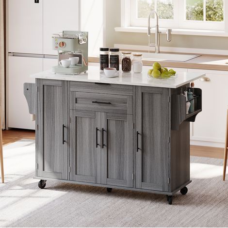 Chariot de cuisine 136x70x92 cm en panneaux de bois gris, avec rangement pour cuisine FloraGrace (1/5)