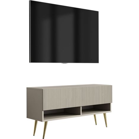 Mobile TV con frontale scanalato, Cashmere, gambe inclinate dorate, 100 × 32 × 52 cm (1/5)