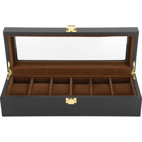 1 caja de almacenamiento, 6 compartimentos, madera, cristal, expositor para relojes de hombre (1/5)