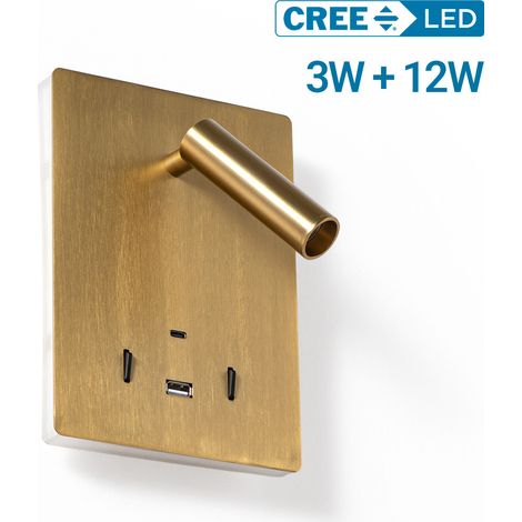 Aplique De Pared "CLAUDI" - 3W + 12W - 2700K - USB+USB-C - Dorado (1/5)