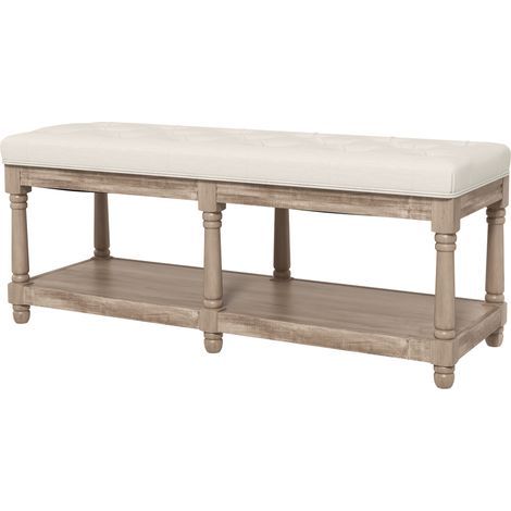 Banquette double couche avec étagère, 115 cm, bout de lit, revêtement en lin, pieds en bois sculpté, lin beige (1/5)