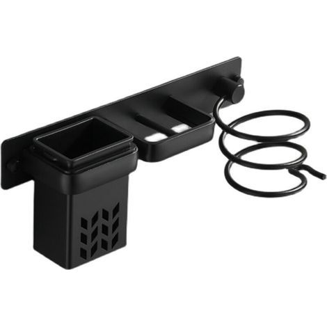 Support mural de salle de bain pour sèche-cheveux et accessoires, organisateur en aluminium avec étagère et trous. Argenté et noir.