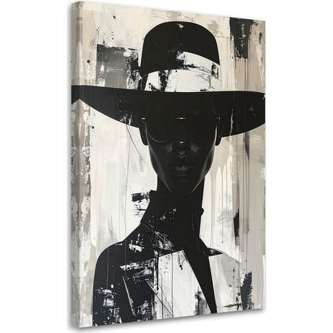 Impression sur Toile, Femme noire et blanche avec chapeau dans un style élégant,60x90 (1/4)