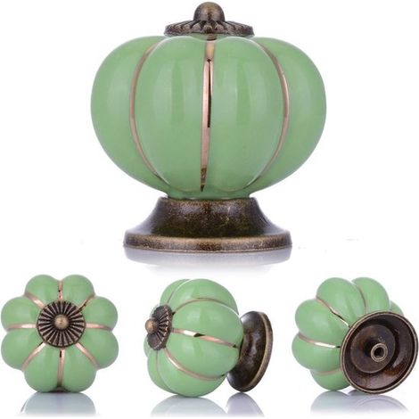 Lot de 4 boutons de meuble et de tiroir en céramique, motif citrouille, pour armoire de cuisine, meuble de salle de bain et tiroirs, vert (1/5)