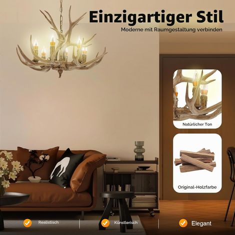 Lustre en bois de cerf en résine - Plafonnier décoratif - Lampe suspendue - Chandelier - Décoration intérieure rustique - Éclairage en bois de cerf - Corne de cerf - 6 têtes - 220V (1/5)