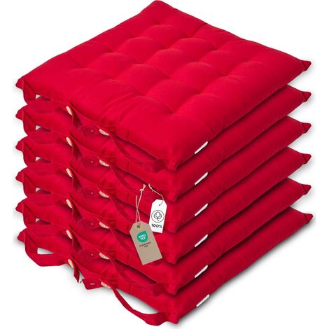 Galette de Chaise 40x40 cm, Lot de 6, Coussin de Chaise en Coton, Coloris Rouge
