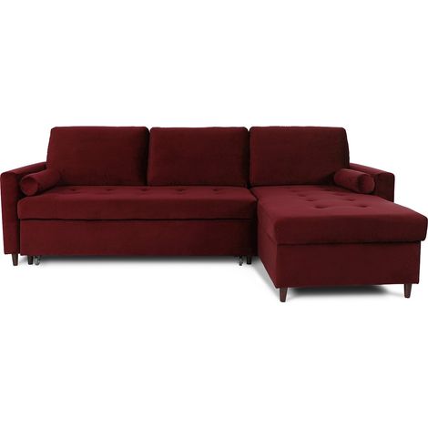 Intensedeco – Canapé d'angle convertible réversible en velours rouge – Couchage 137x212cm – Coffre de rangement – Coussins déhoussables – Largeur 241cm