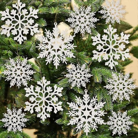 36 adornos navideños de copos de nieve blancos de plástico con purpurina para decorar el árbol de Navidad en invierno. Tamaños variados. Copos de nieve artesanales. (1/5)