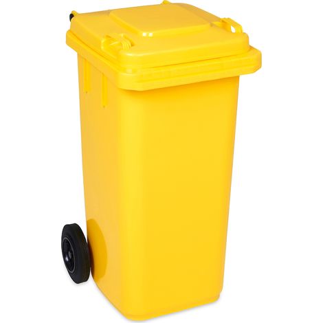 Vivol – Poubelle d'extérieur 120 litres jaune – Acier et polyéthylène haute densité – Résistante aux UV et aux intempéries – 2 roues silencieuses