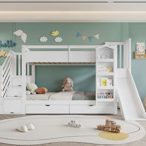 Cama infantil con tobogán y almacenaje blanco 90x200 HAVRYA (1/5)