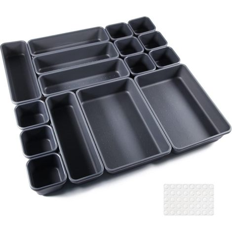 16 x Kitchen Drawer Storage Organiser for Office Drawer Plastic Room with 40 x Non-Slip Silicone Balls, Bath Trays for Makeup, Kitchen (Black) (1/5)