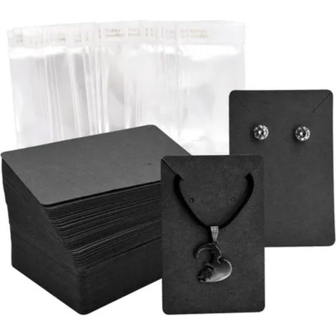 100 cartes de boucles d'oreilles (6x9cm), étiquettes en papier kraft vierges et 100 sacs OPP noirs pour présenter des colliers et des bracelets. (1/5)