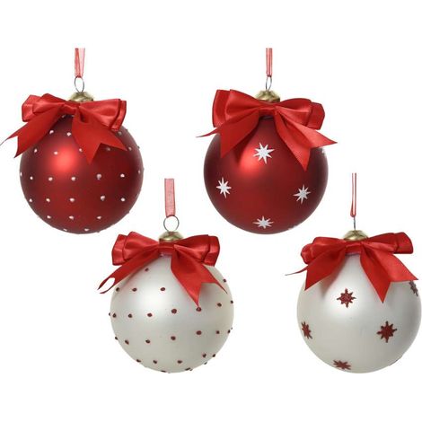 Sfera Pendente in Vetro 8 cm Decorazione Natalizia Rosso e Bianco