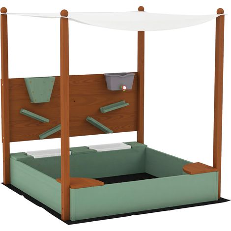 Sandkasten für Kinder mit Sonnendach, 2 Aufbewahrungsboxen, 116 x 112,5 x 128 cm (L x B x H), Tannenholz, Kunststoff, grün