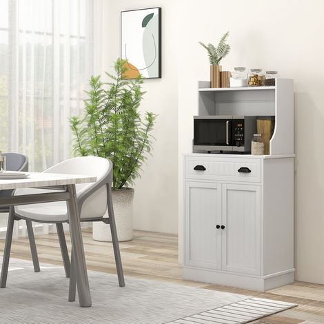 Mobile per microonde da cucina con vano a giorno, 1 cassetto e armadietto a 2 ante, 61 x 35 x 125,4 cm, bianco