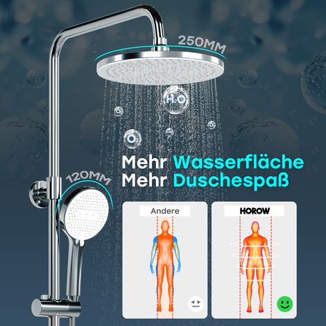HOROW Duschset, 5 Modi Strahlarten Duschkopf, Regendusche Set Chrom mit Messing Ventilkern, Höhenverstellbar, große 25 cm Kopfbrause Rund