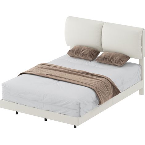 Cama double 135x190 cm somier cabecero acolchado efecto flotante estructura metálica beige (1/5)