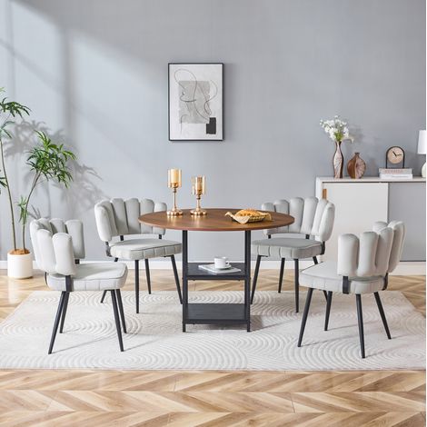 Ensemble table ronde 107 cm effet noyer avec rangement double et 4 chaises gris clair (1/5)