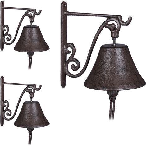 3 x Türglocke Gusseisen antik, Landhaus Optik, lauter Klang, Haustür Wandglocke, Gartendeko, wetterfest, braun