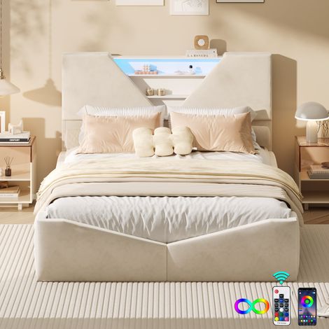 Lit double 140x190 cm - lit avec stockage, avec tête de lit triangle bicolore bordeaux, éclairage LED ajustable, tissu velours, design moderne et épuré - Beige