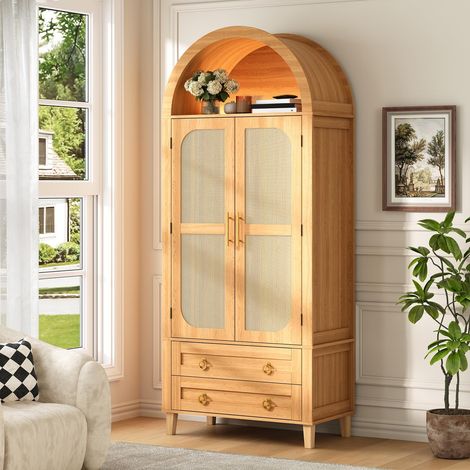 Hochschrank sideboard bücherregal mit bogen-nische - 76 x 40 x 179,5 cm - wohnzimmer schlafzimmer - rattan mdf mit app led-beleuchtung und 2 schubladen - natur (1/5)