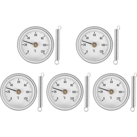 Clip-on-Thermometer für 63-mm-Schläuche, rundes Zifferblatt mit Feder, Messbereich 0–120 °C, Aluminiumgehäuse, 5er-Packung (1/5)
