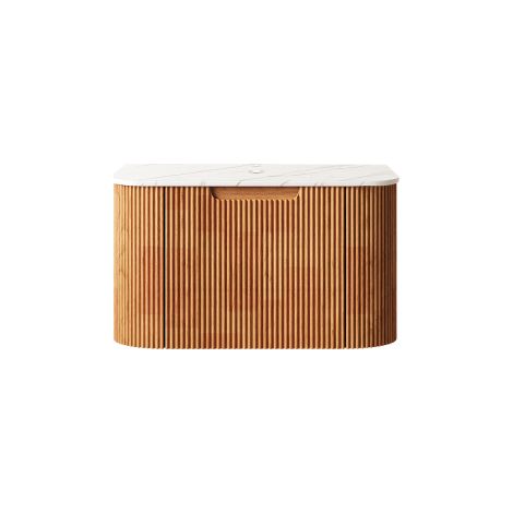 Meuble-lavabo suspendu de 61 cm, comptoir blanc Carrara, caisson en contreplaqué rayé à bords arrondis avec tiroir, SANS lavabo, pré-assemblé, aspect bois naturel. (1/5)