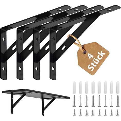 4 Pack Corner Shelf Brackets with Screws and Anchors 150x95mm Black Metal Corner Shelf Brackets Shelf Bracket for Wall Mounting (1/5)