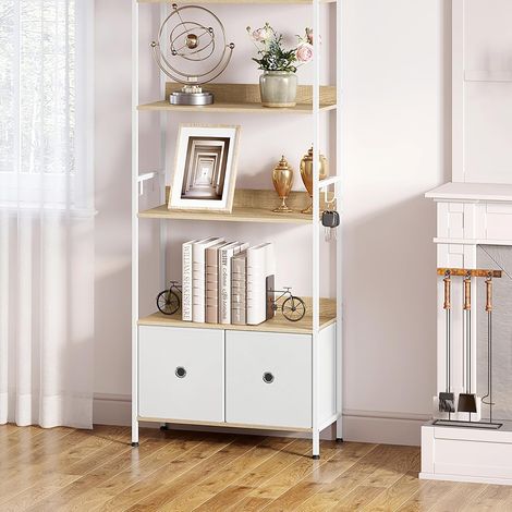 WOLTU Libreria Stile Modernoa 5 Ripiani con 2 Cassetti, Rovere Chiaro+Bianco (1/5)