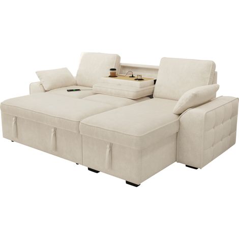 Sofá esquinero 3 plazas con cama extraíble y almacenaje chenilla beige HOMVRA (1/5)