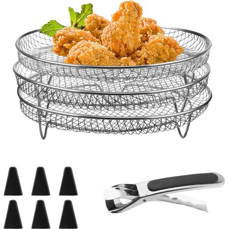 3 Pièces Grille Air Fryer Empilable, Grille de Cuisson pour Air Fryer Rond, Grilles pour Friteuse, avec Pieds en Silicone, Clips anti-Brûlure, Diamètre 20 cm, pour Cuisson (1/5)