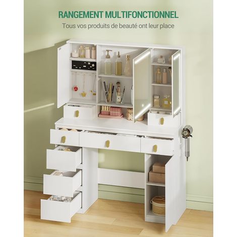 Coiffeuse enfant avec grand miroir HD 105x51,5 cm – Éclairage LED tricolore réglable – 8 tiroirs de rangement – Support pour sèche-cheveux — vue 2
