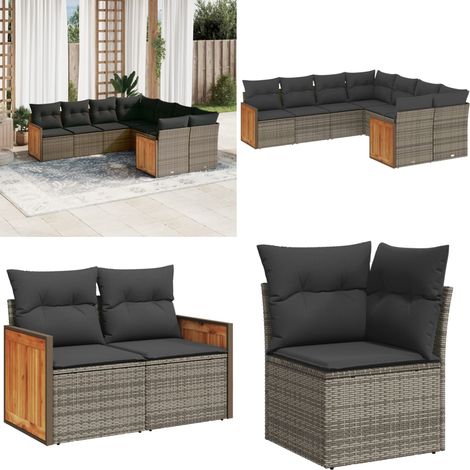 Salon de jardin 8 pcs avec coussins gris résine tressée - Ensemble Salon De Jardin - Meuble Extérieur - Salon De Jardin Pliable - Set De Salon De Jardin - Fauteuil De Jardin - Home & Living (1/5)