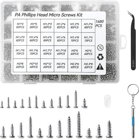 Self Tapping Screws Kit Mini Round Head Phillips Screws Sizes M1 to M2.3 for Glasses, Watches, Cameras, Laptops (1/5)