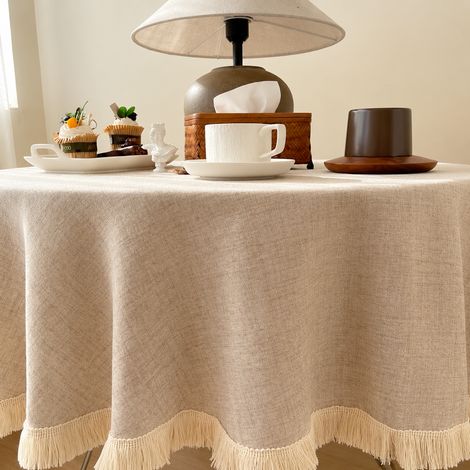 Nappe de Table Coton et Lin Malun bordure à franges beiges sur le pourtour 9090cm 30 × 30 × 2 cm 170 g – Livraison gratuite (1/4)