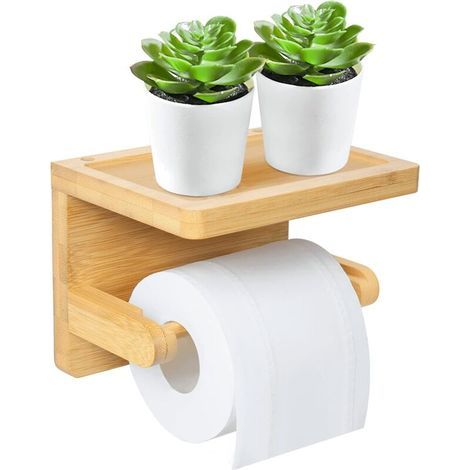 Toilettenpapierhalter, bohrfreier Toilettenpapierspender, Ständer mit Ablage, aus Holz für Badezimmer, Toilette (1/5)