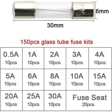 Tube fusible automobile 6 x 30 mm – Lot de 150 pièces (130 tubes rapides + 20 fusibles siège) en verre résistant