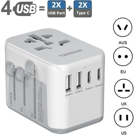 [LCS]TESSAN Adaptateur de voyage universel avec 3 ports USB et 1 port USB-C pour l'UE, l'Australie et les États-Unis (gra-2 USB-A, 2 ports USB-C, gris) (1/5)
