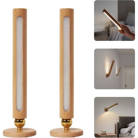 Applique Murale Led En Bois Rotative A 360 degres Magnetique Applique Murale Rechargeable A Gradation Detachable Et Continue, La Lampe De Nuit Usb Convient A La Chambre A Coucher 2Pcs (1/5)